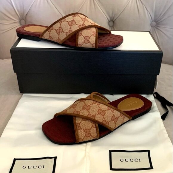 Gucci Women GG Logo Cross Strap Canvas Slide Sandal, Beige Tan, Sz 36.5 NIB $620 - Picture 1 of 10